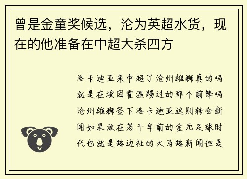 曾是金童奖候选，沦为英超水货，现在的他准备在中超大杀四方